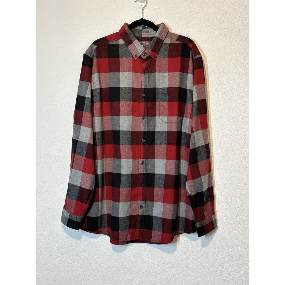 Eddie Bauer Mens XLT Sleeve Flannel Shirt Red Black Plaid Relaxed